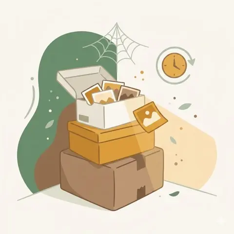 Boxes of old photos collecting dust