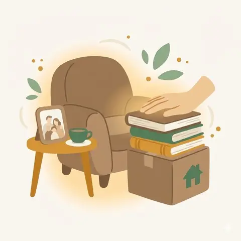 Moving boxes and photo albums during downsizing