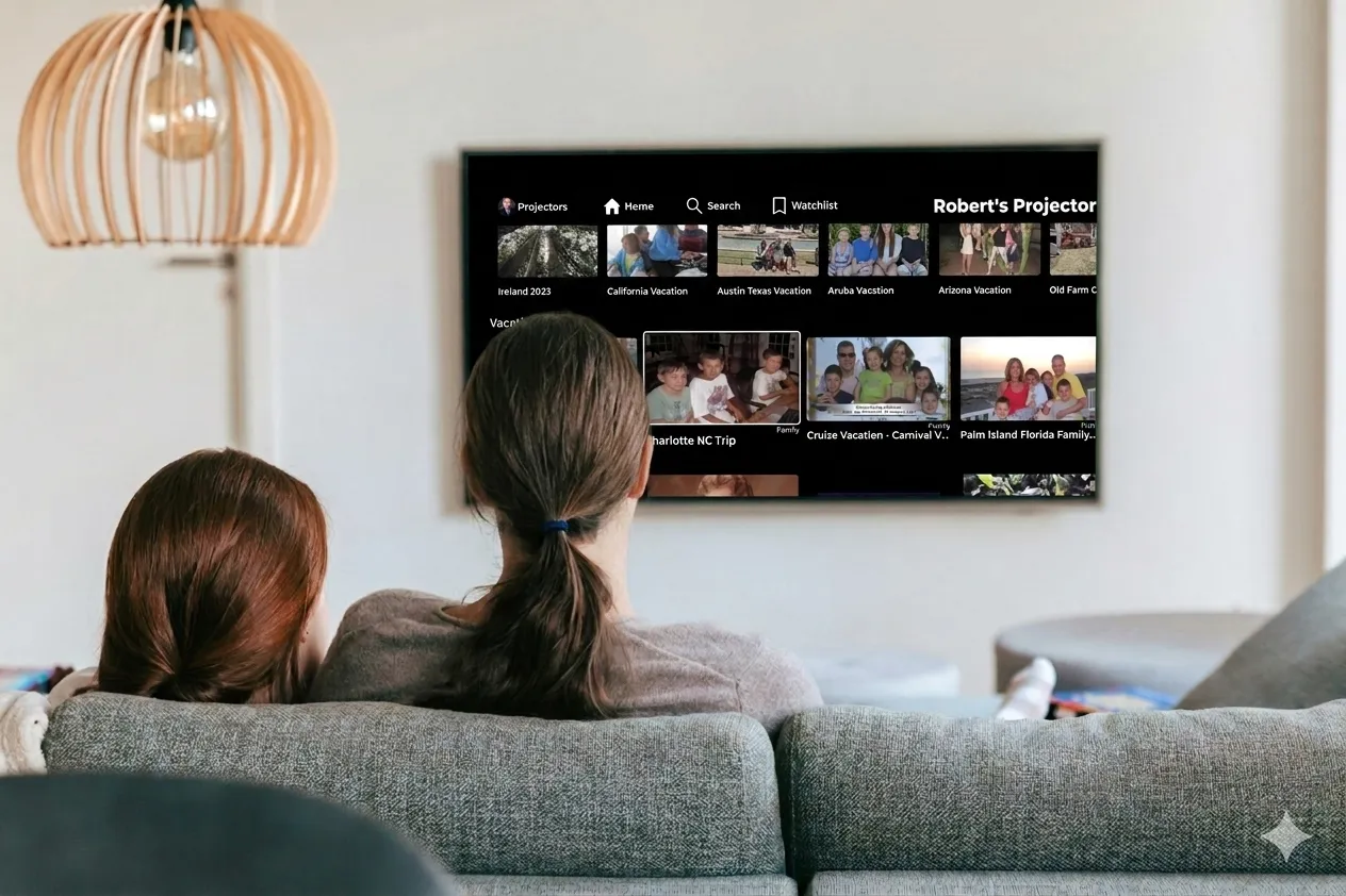 Family watching their home movies on a big-screen TV using the Projector app