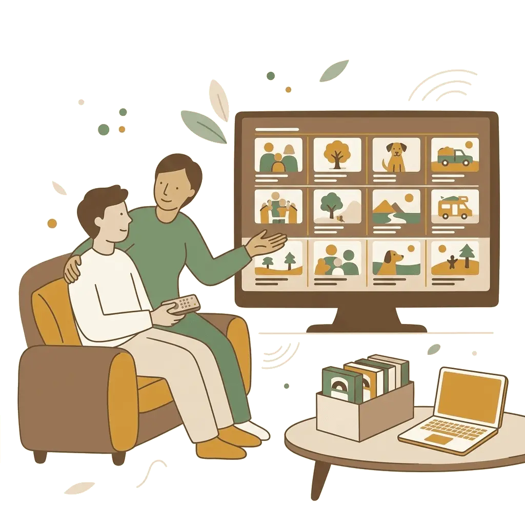 Illustration of a couple watching their organized home movie collection on a big screen
