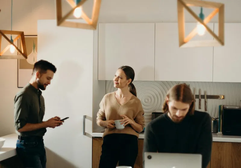 Professional team collaborating in a modern office workspace